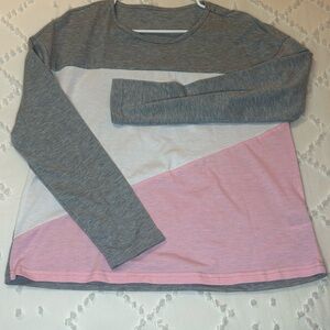 SHEIN Women's Long Sleeve Color Block Tee - Gray, White, Pink